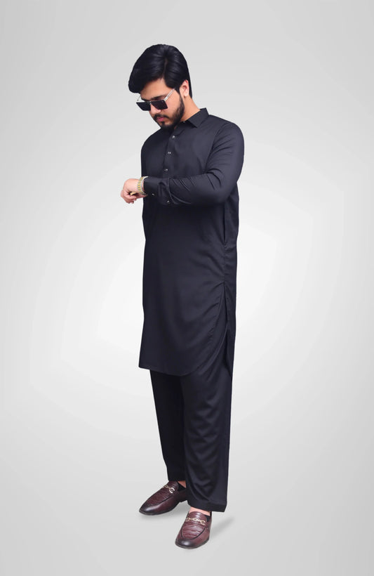 French Collar Stitched Shalwar Suit - Premium Black