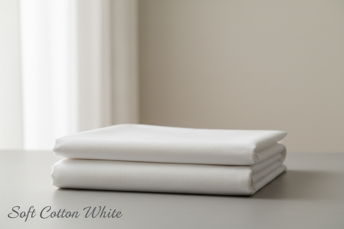 change font style and write 'Soft Cotton White" at bottom left corner