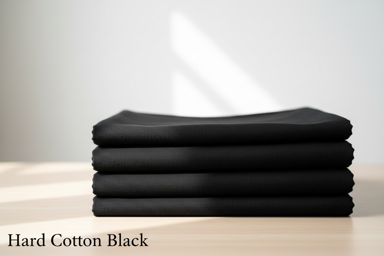Create a 100% realistic vertical image showing a Black men’s unstitched cotton suit placed on a table in a neatly folded form. The fabric texture should be clearly visible with soft natural lighting. Keep the background simple and clean. Add the text ‘Hard Cotton Black’ at the bottom-left corner in a minimal, elegant font in black color