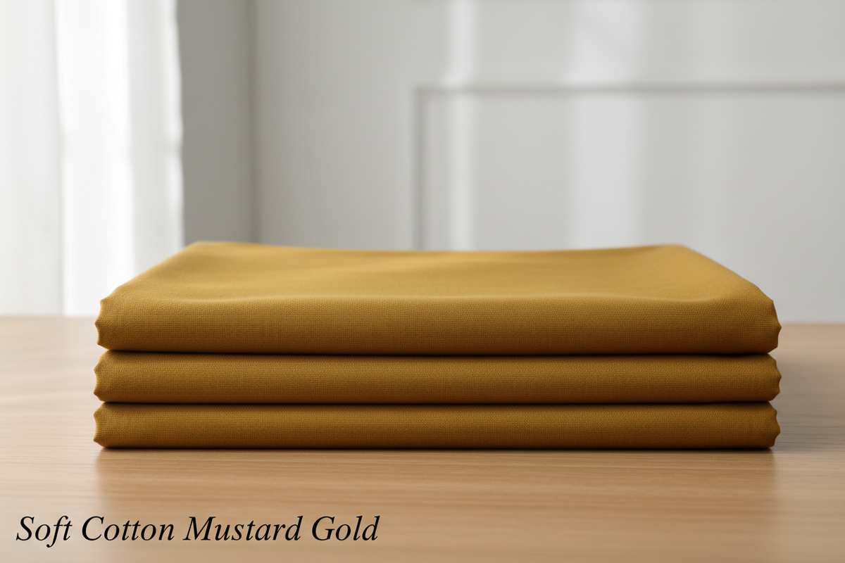 Create a 100% realistic vertical image showing a Mustard Gold men’s unstitched cotton suit placed on a table in a neatly folded form. The fabric texture should be clearly visible with soft natural lighting. Keep the background simple and clean. Add the text ‘Soft Cotton Mustard Gold’ at the bottom-left corner in a minimal, elegant font in black color