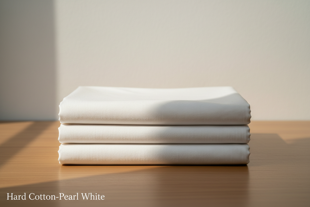 “Create a 100% realistic vertical image showing a pearl white men’s unstitched cotton suit placed on a table in a neatly folded form. The fabric texture should be clearly visible with soft natural lighting. Keep the background simple and clean. Add the text ‘Hard Cotton-Pearl White’ at the bottom-left corner, using a minimal, elegant font 