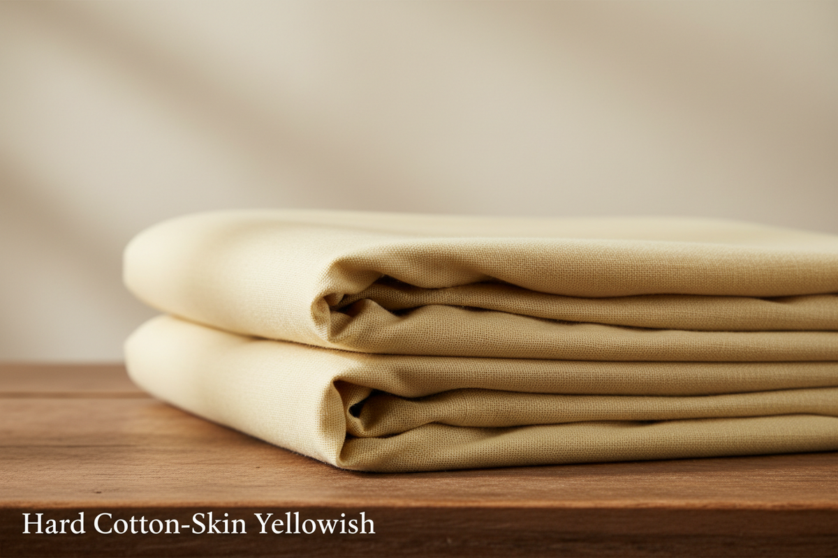 Create a 100% realistic vertical image showing a Skin Yellowish men’s unstitched cotton suit placed on a table in a neatly folded form. The fabric texture should be clearly visible with soft natural lighting. Keep the background simple and clean. Add the text ‘Hard Cotton-Skin Yellowish’ at the bottom-left corner in a minimal, elegant font in black color