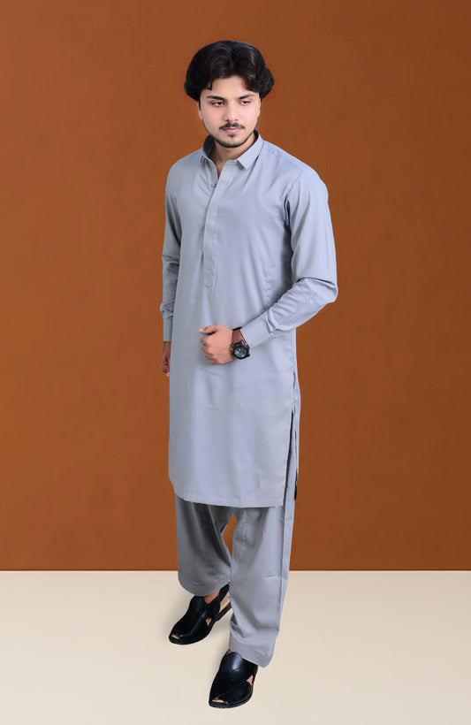 Formal Stitched Shalwar Suit - Silver Grey