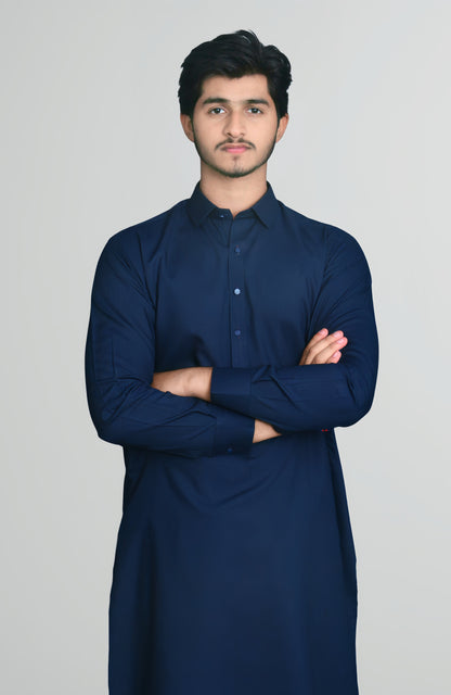 French Collar Premium Stitched Shalwar Suit - Navy Blue