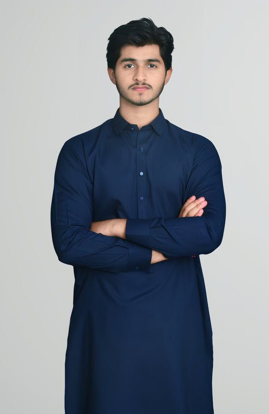 French Collar Premium Stitched Shalwar Suit - Navy Blue