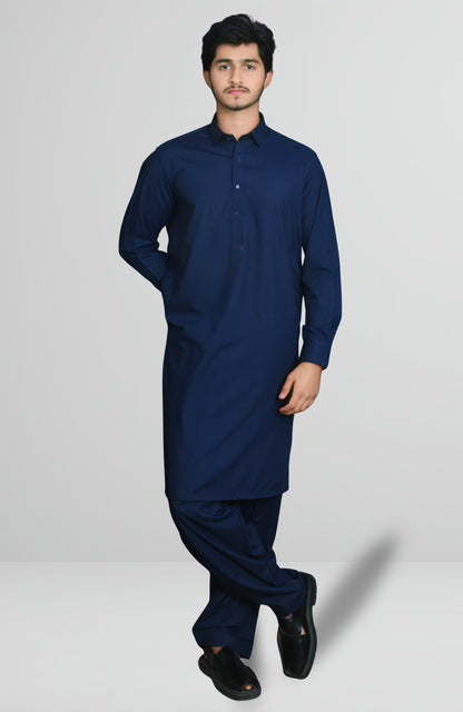 French Collar Premium Stitched Shalwar Suit - Navy Blue